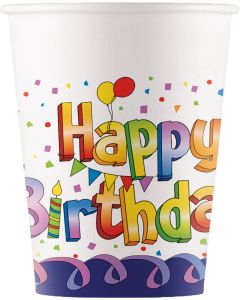 MULTICOLOR HAPPY BIRTHDAY PAPER CUPS 200ML 8CT-PRO-93502